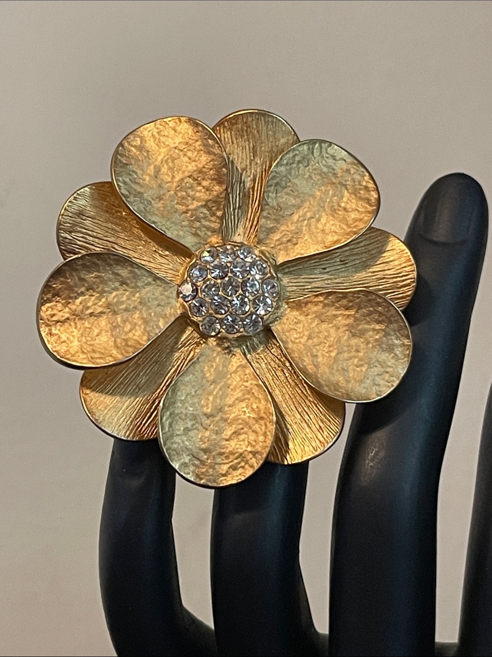 Vintage Premier Designs Brushed Gold Rhinestone Flower Brooch/Pendant Combo